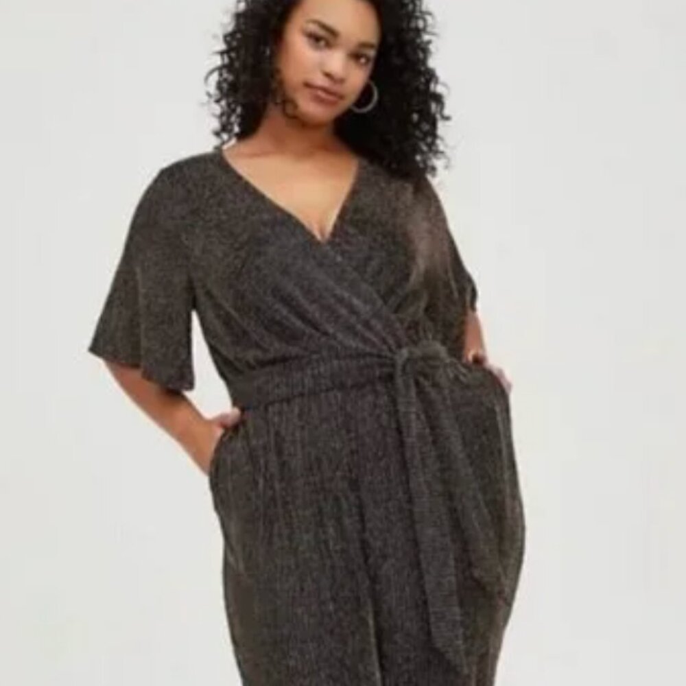 Torrid Shimmer Surplice Jumpsuit in Black Gold 2X